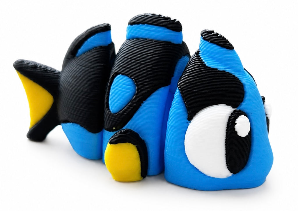 Coralie the Blue Tang - Mini Mate | 3D Printed Articulated Fish + Matching 3" Vinyl Sticker