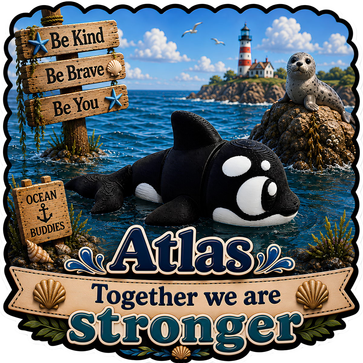 Atlas the Orca - Mini Mate | 3D Printed Articulated Orca + Matching 3" Vinyl Sticker