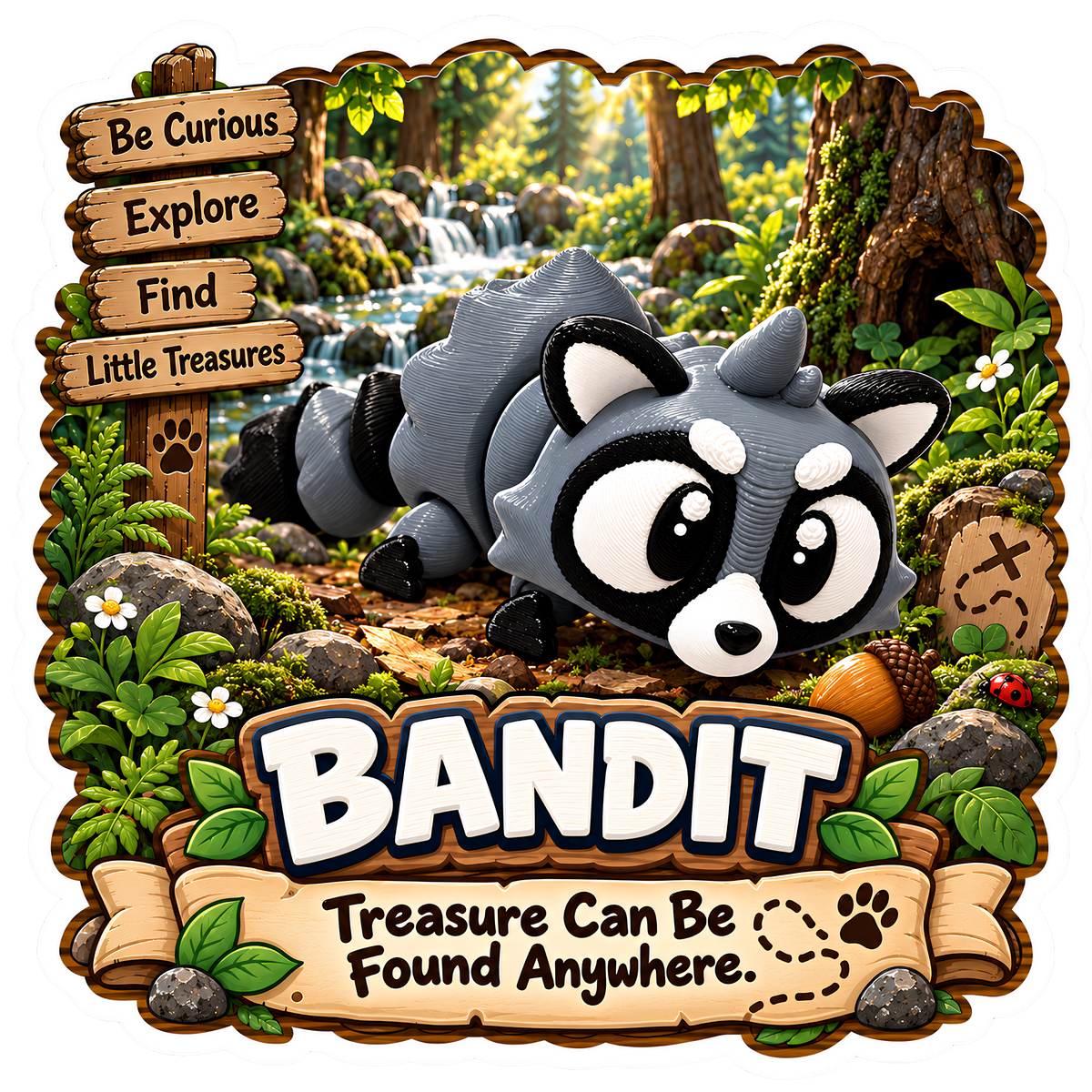 Bandit the Raccoon - Mini Mate | 3D Printed Articulated Raccoon + Matching 3" Vinyl Sticker