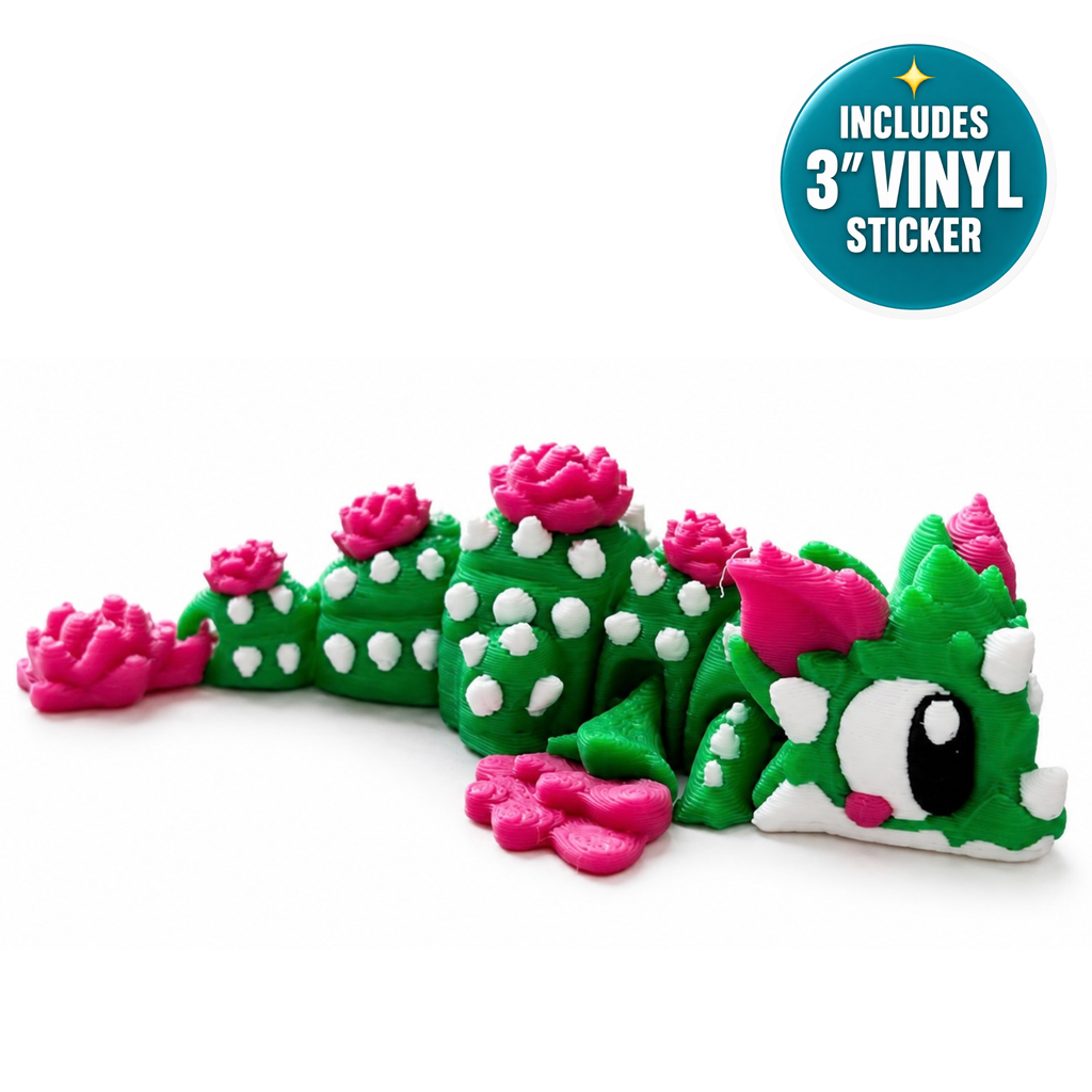 Cassie the Cactus Dragon - Mini Mate | 3D Printed Articulated Cactus + Matching 3" Vinyl Sticker