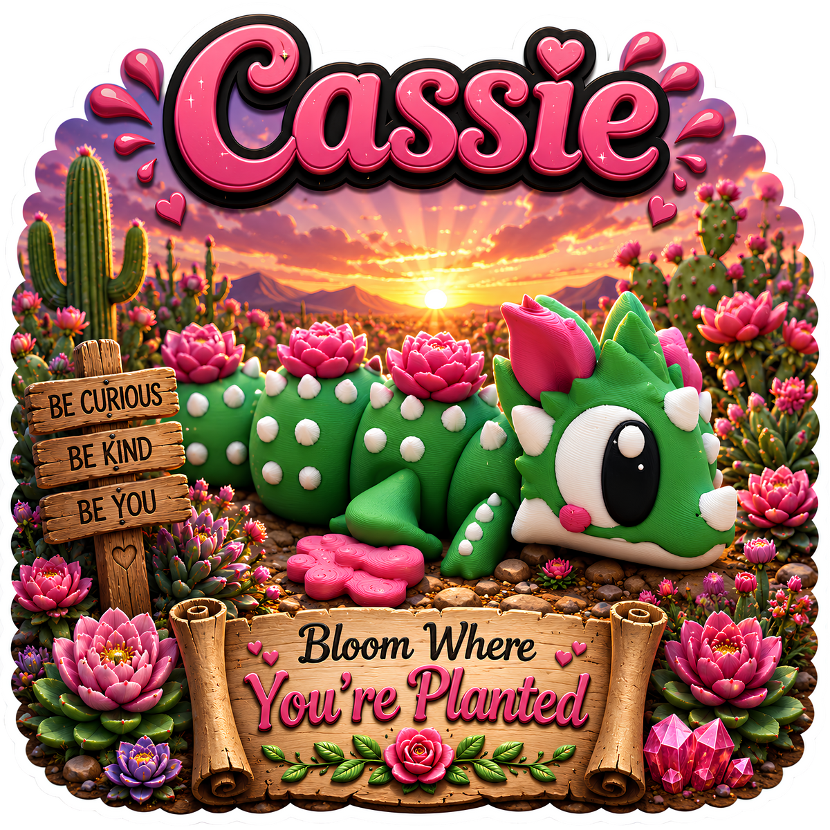 Cassie the Cactus Dragon - Mini Mate | 3D Printed Articulated Cactus + Matching 3" Vinyl Sticker