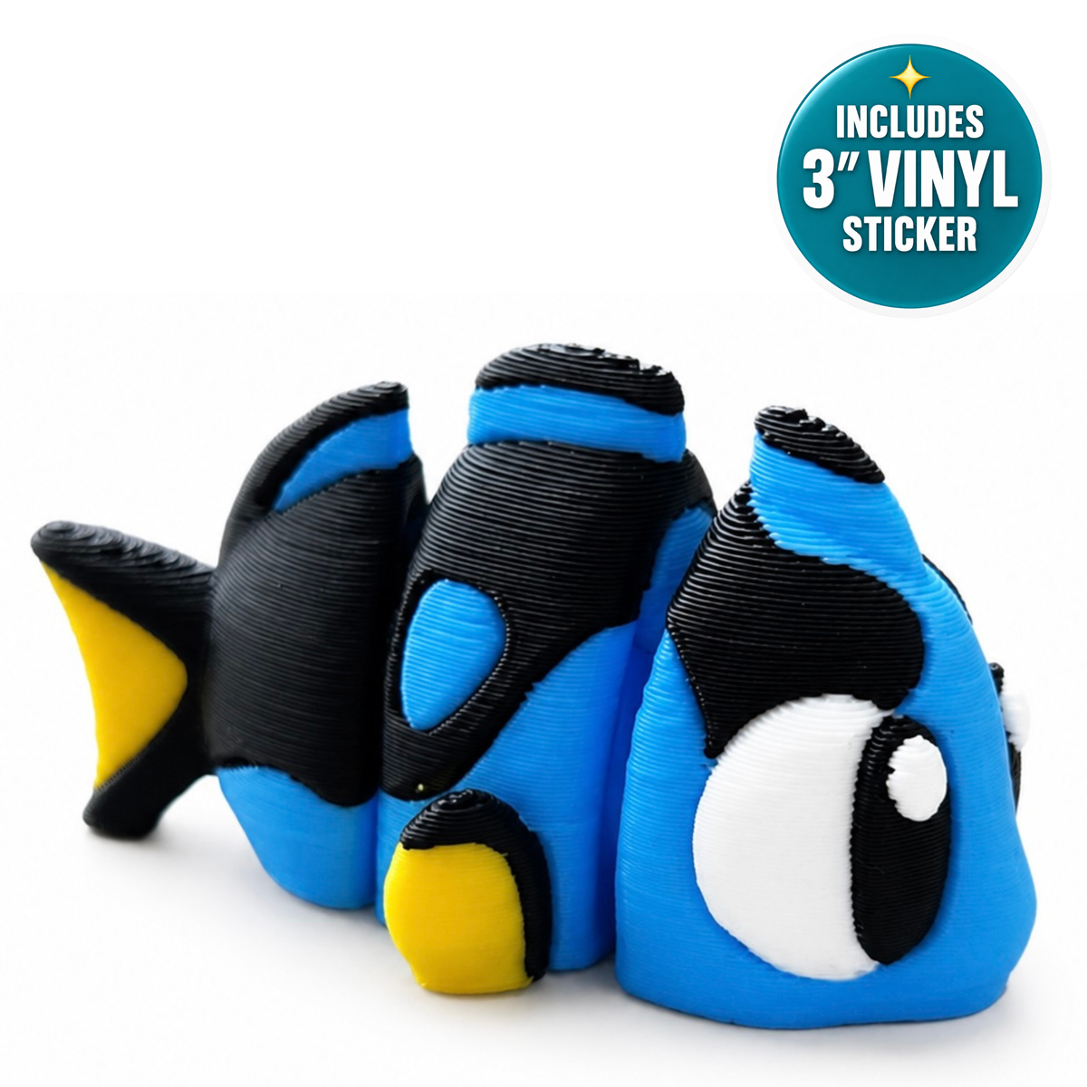 Coralie the Blue Tang - Mini Mate | 3D Printed Articulated Fish + Matching 3" Vinyl Sticker