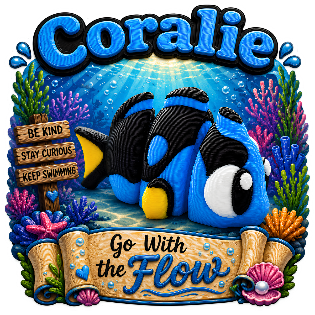 Coralie the Blue Tang - Mini Mate | 3D Printed Articulated Fish + Matching 3" Vinyl Sticker