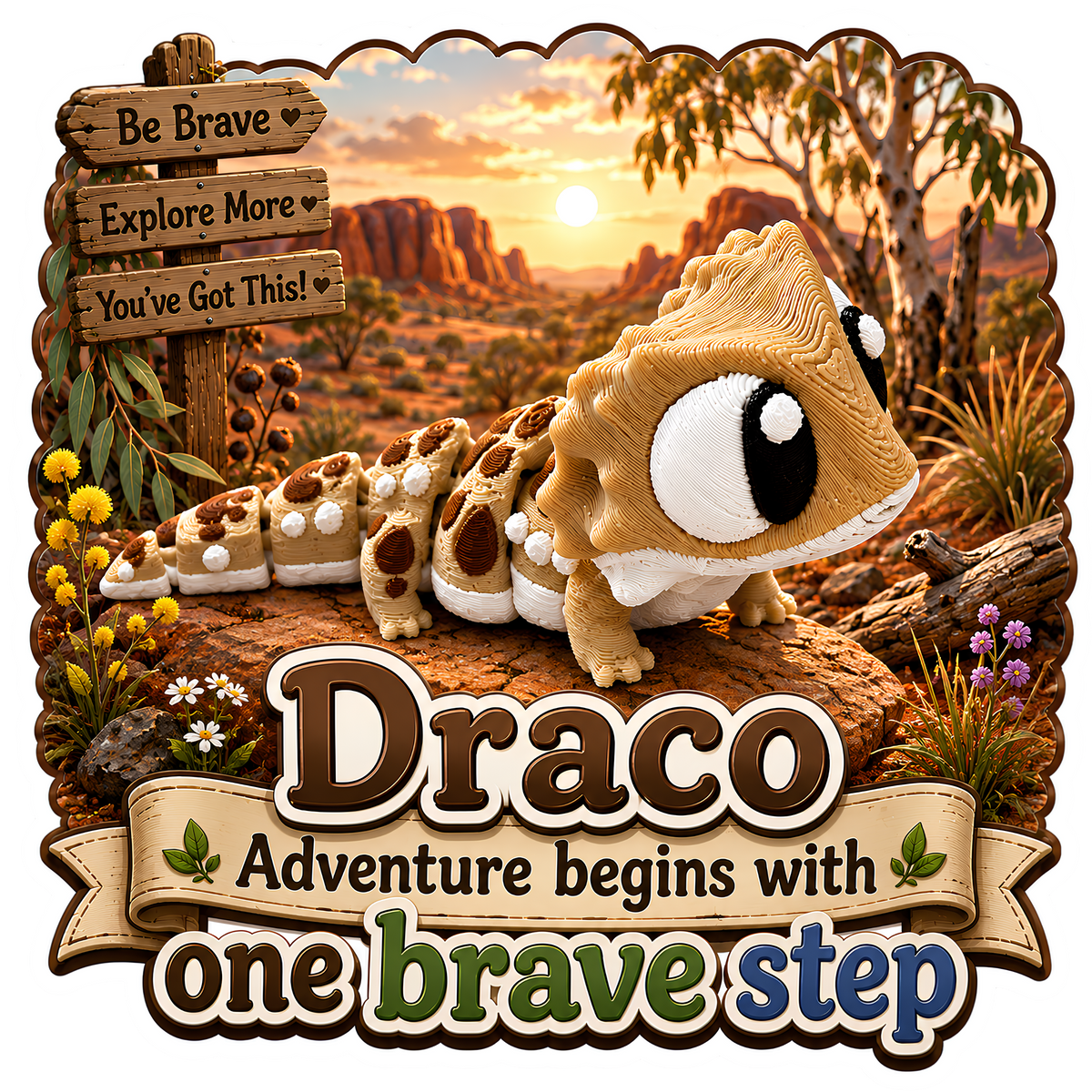 Draco the Bearded Dragon -Mini Mate | 3D Printed Articulated Bearded Dragon + Matching 3" Vinyl Sticker