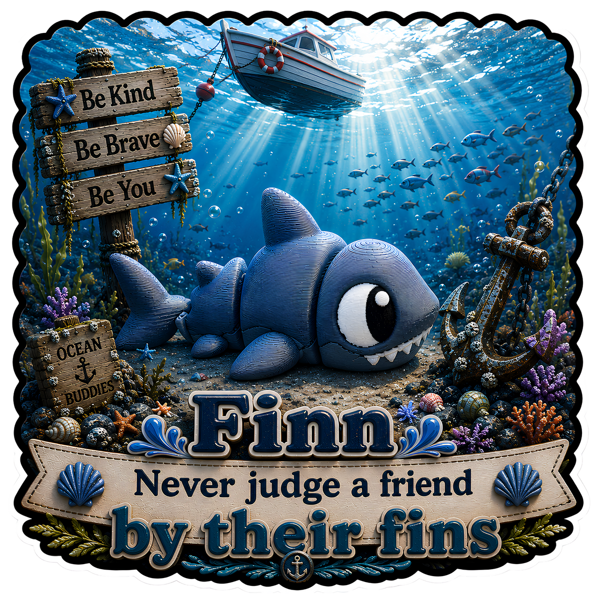 Finnick ("Finn") the Shark - Mini Mate | 3D Printed Articulated Shark + Matching 3" Vinyl Sticker
