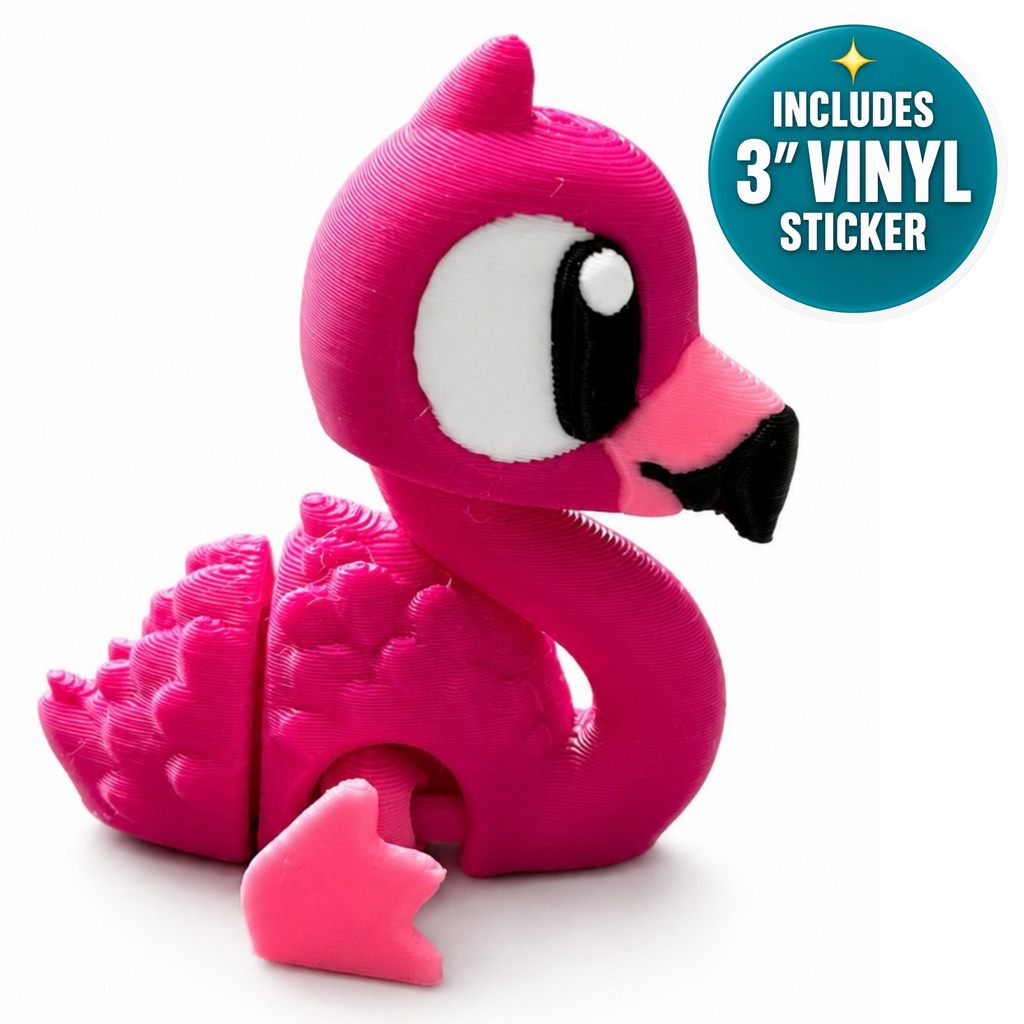 Flora the Flamingo - Mini Mate | 3D Printed Articulated Flamingo + Matching 3" Vinyl Sticker