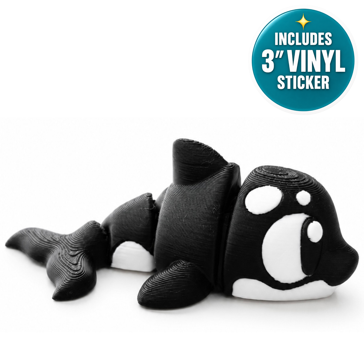 Atlas the Orca - Mini Mate | 3D Printed Articulated Orca + Matching 3" Vinyl Sticker