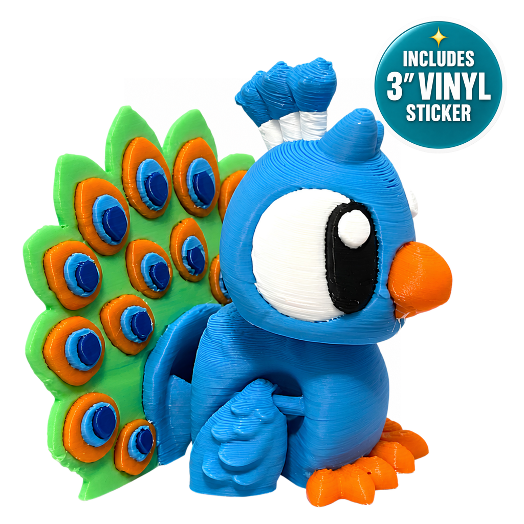 Jewel the Peacock - Mini Mate | 3D Articulated Peacock + Matching 3" Vinyl Sticker