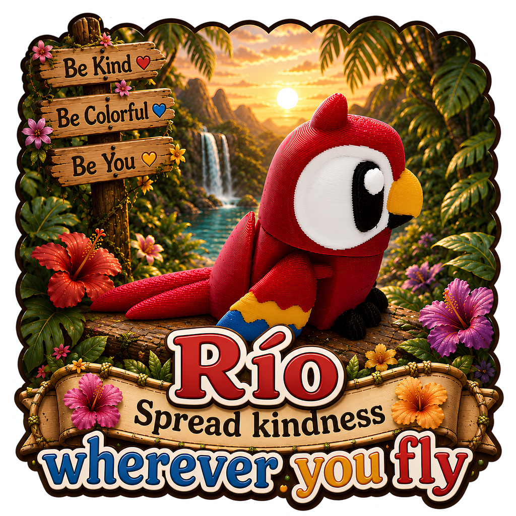 Rio the Macaw - Mini Mate | 3D Printed Articulated Macaw + Matching 3" Vinyl Sticker