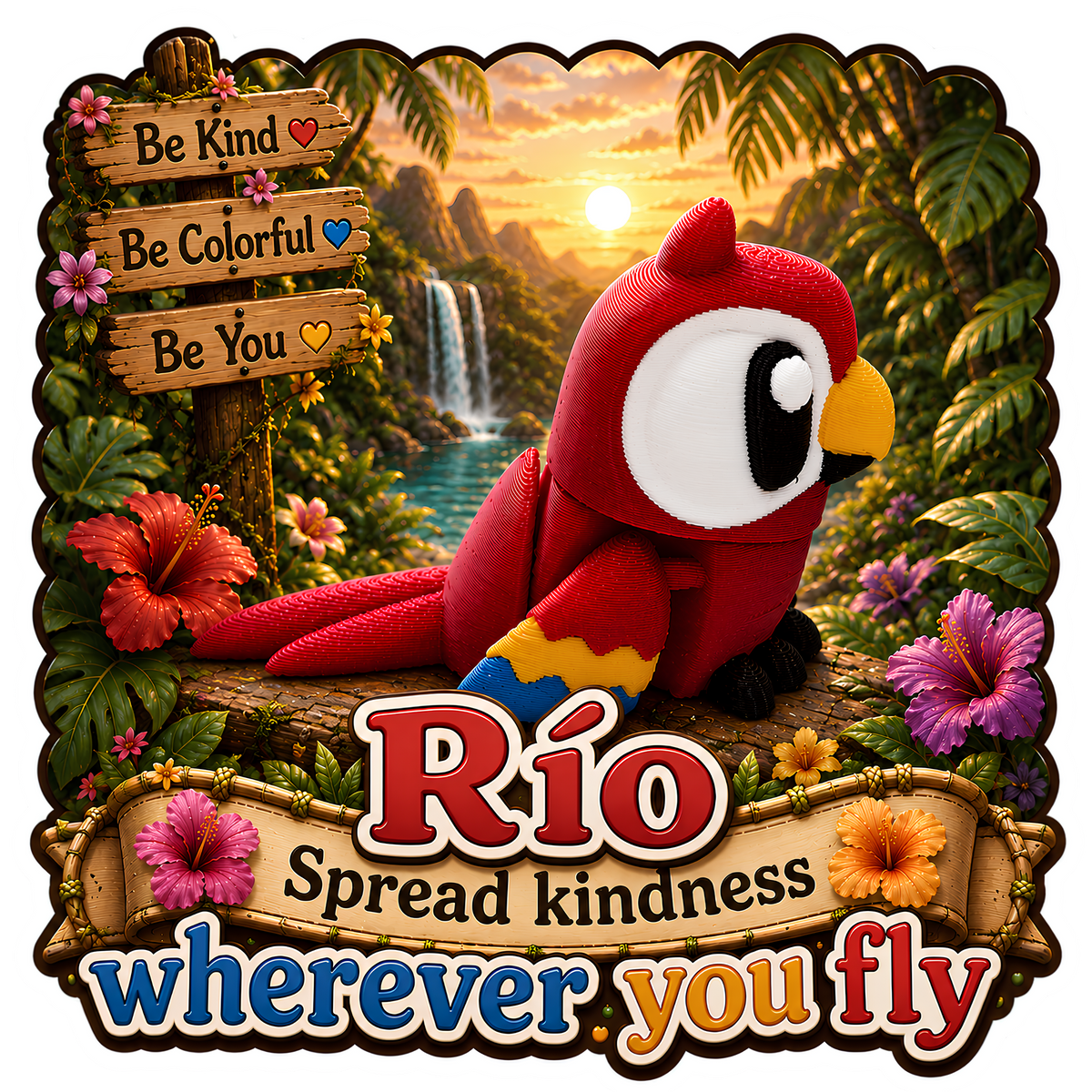 Rio the Macaw - Mini Mate | 3D Printed Articulated Macaw + Matching 3" Vinyl Sticker