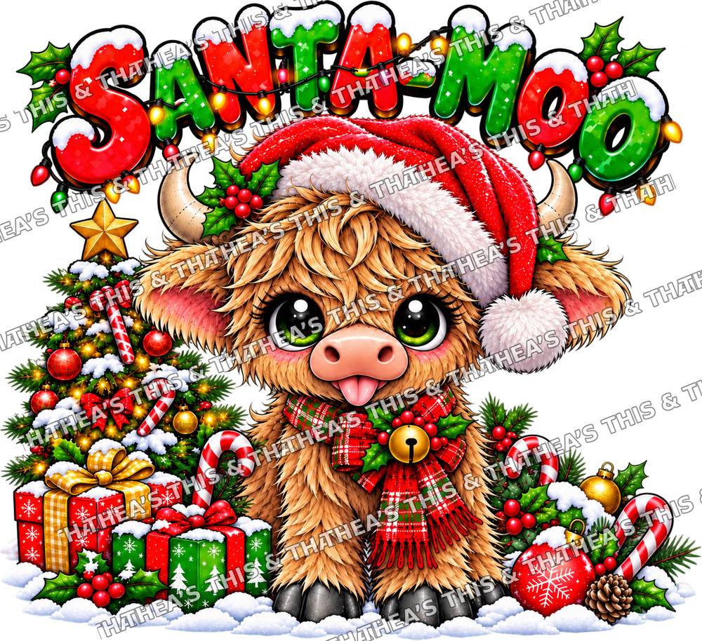 Santa-Moo Christmas Highland Cow PNG|Commercial Use Digital Download