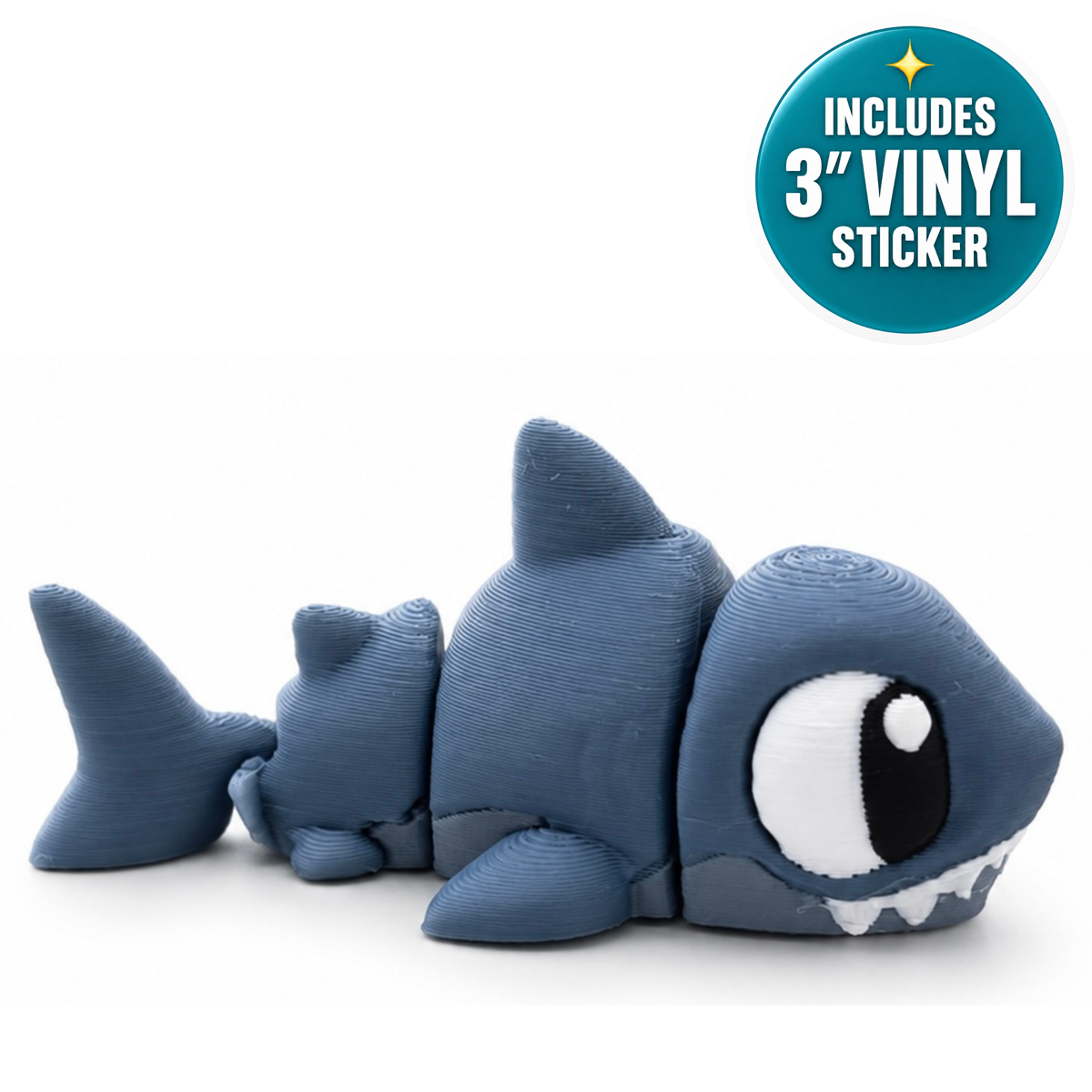 Finnick ("Finn") the Shark - Mini Mate | 3D Printed Articulated Shark + Matching 3" Vinyl Sticker
