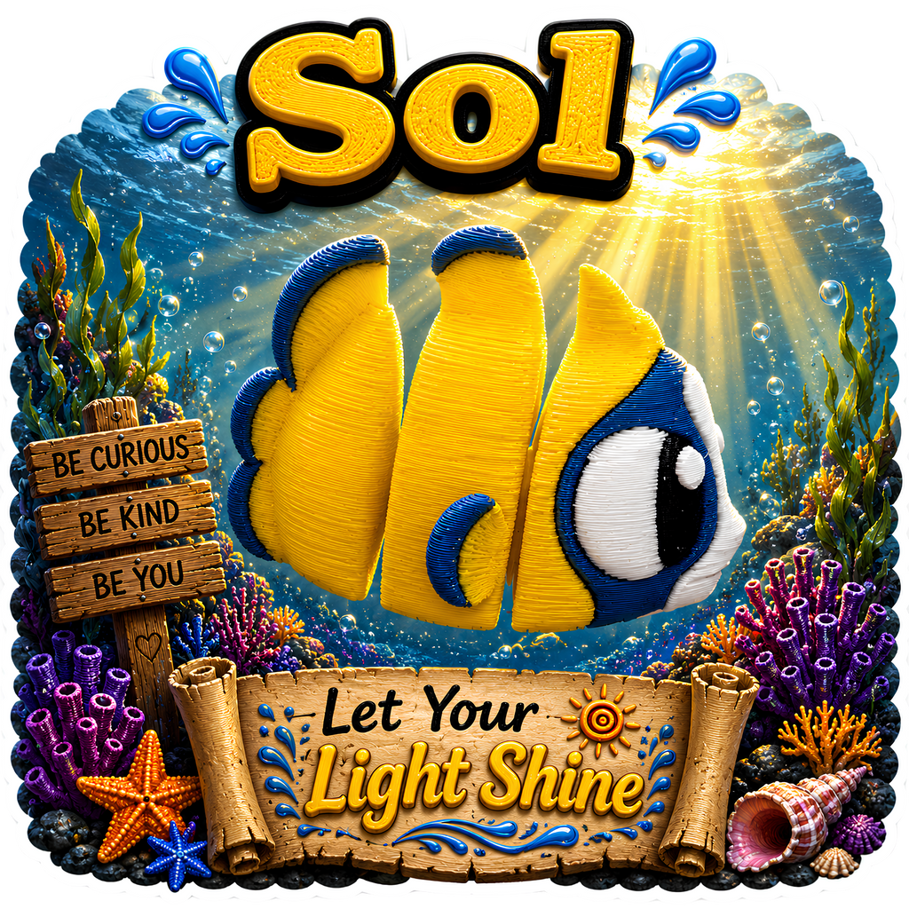 Sol The Butterfly Fish - Mini Mate | 3D Printed Articulated Fish + Matching 3" Vinyl Sticker
