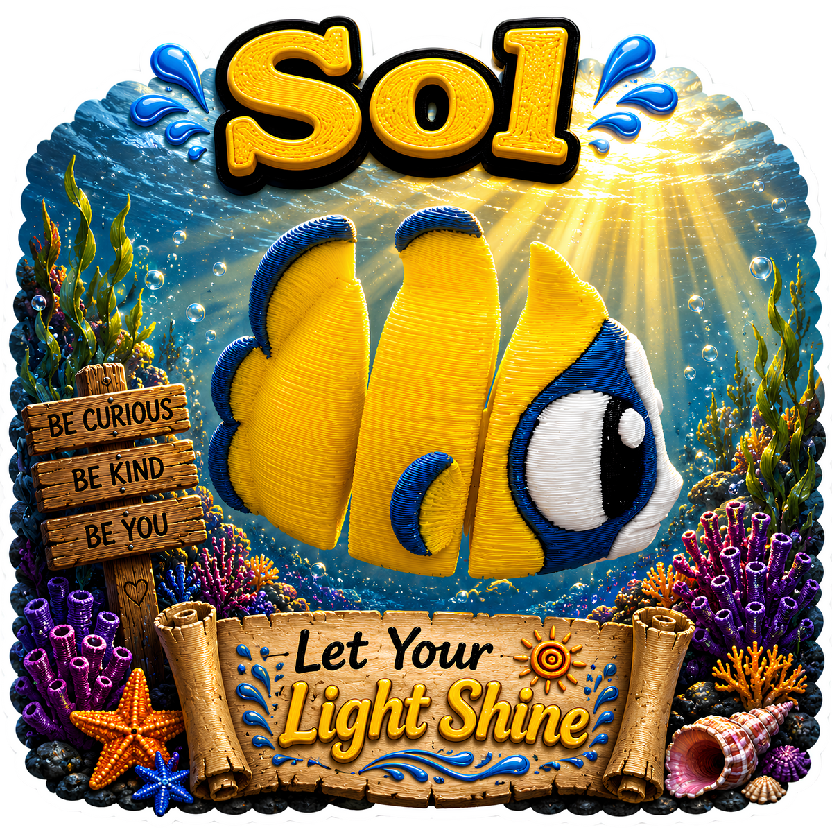 Sol The Butterfly Fish - Mini Mate | 3D Printed Articulated Fish + Matching 3" Vinyl Sticker